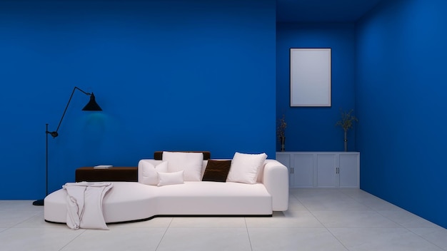 Interior de la sala de estar moderna del sofá y del gabinete blancos Representación 3D del fondo azul