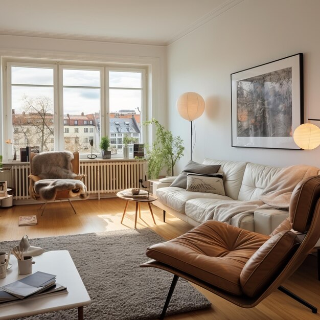 interior de una sala de estar moderna con sofá marrón, mesa de café y planta