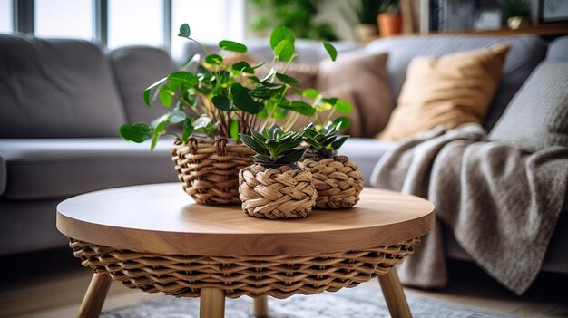 Foto interior de sala de estar moderna con sofá de mesa de café de madera y plantas