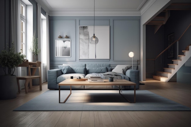 Interior de una sala de estar moderna un sofá de moda una mesa de café una elegante escalera de madera a th