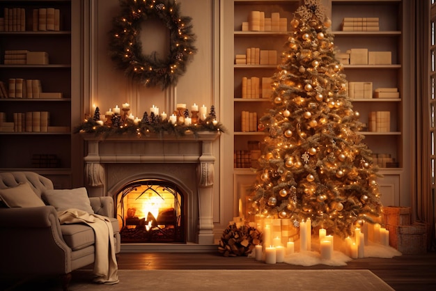 Interior de la sala de estar de Navidad con chimenea decorada, velas de guirnalda festiva y árbol de Navidad