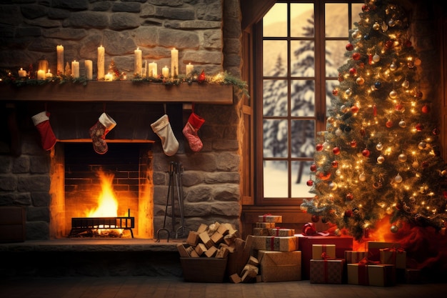 Interior de la sala de estar de Navidad con chimenea decorado con árbol de Navidad y regalos