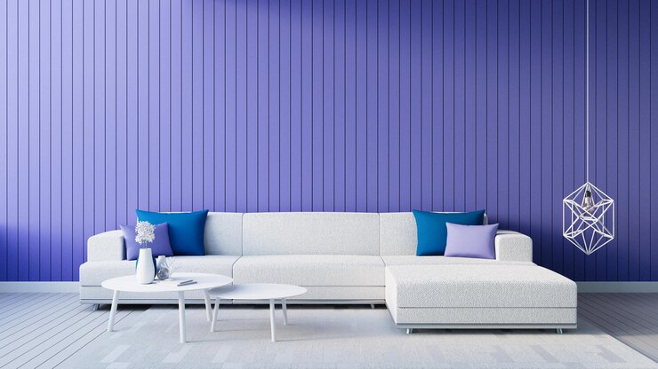 Interior de la sala de estar de la pared azul púrpura 2022 renderizado 3D