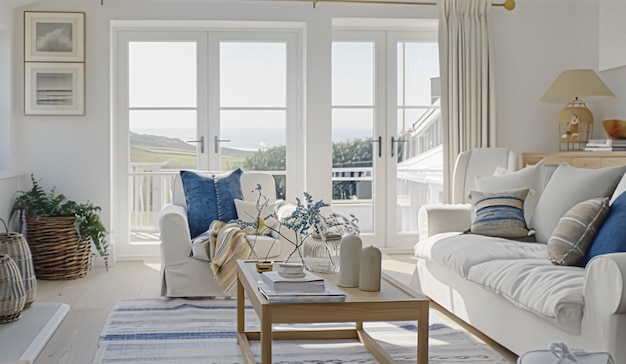 Interior de una sala de estar con paredes blancas sofá y cojines sala de estar en la cabaña costera con