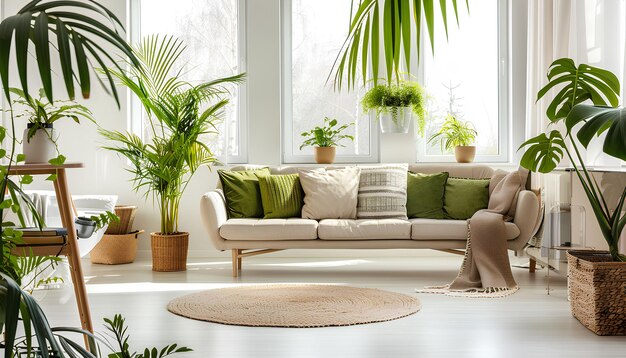 Interior de la sala de estar con plantas de interior verdes y sofás