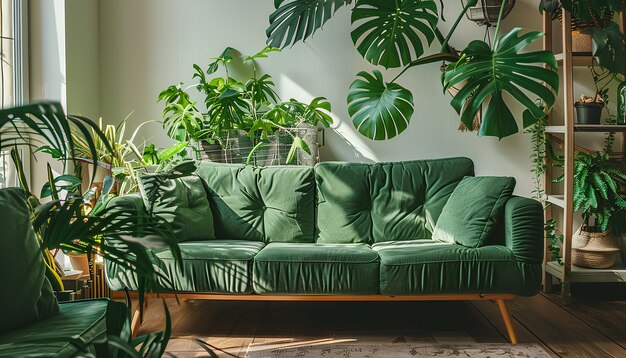 Interior de la sala de estar con plantas de interior verdes y sofás