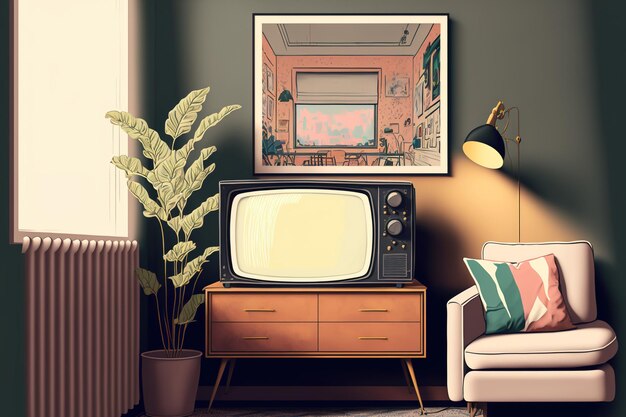 Interior de una sala de estar retro con un sofá beige contra carteles de pared blancos y una lámpara negra sobre un televisor antiguo