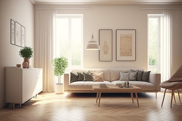 Interior de una sala de estar sencilla con suelos de madera, paredes blancas y muebles beige.