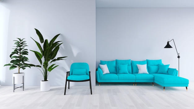 Interior de la sala de estar con sillón sofá y planta Fondo de pared blanca Representación 3D