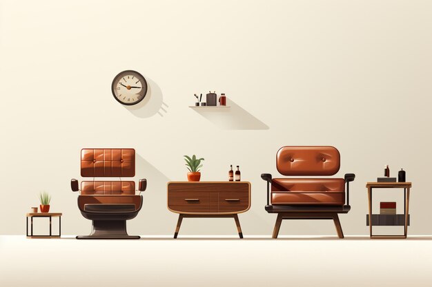 Interior de la sala de estar con sillones, mesa de café y reloj Ilustración vectorial