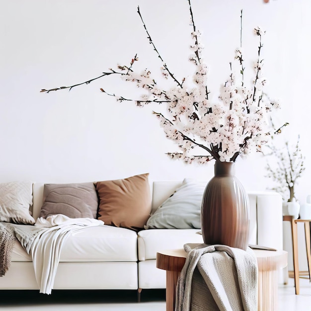 Interior de la sala de estar con sofá gris y ramas de árboles en flor en la mesa de café IA generativa