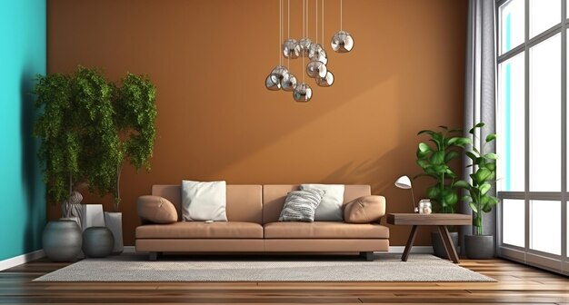 Interior de la sala de estar con sofá marrón IA generativa