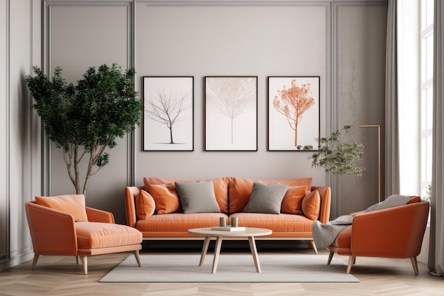 Interior de la sala de estar con sofá naranja, mesa de café y tres carteles en la pared 3D Render Marco de póster de maqueta en una sala de estar moderna Generado por AI