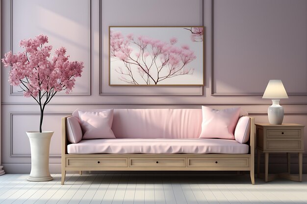 Interior de la sala de estar con sofá rosa y flor en jarrón renderizado en 3D