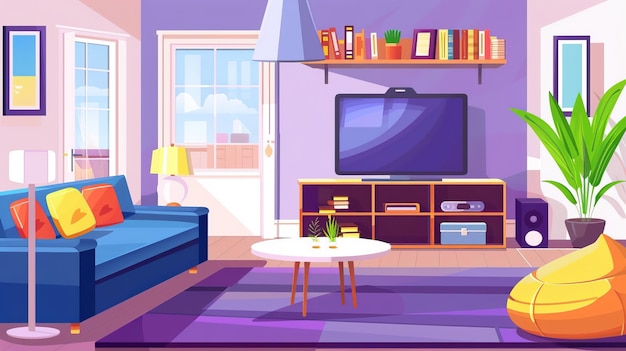 Interior de la sala de estar con sofá TV estantería y mesa de café diseño de apartamento vacío con silla de bolsa de frijoles y decoración Ilustración moderna de dibujos animados