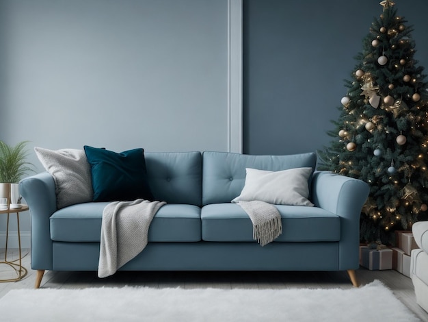Interior de la sala de estar con sofás, árboles de Navidad y luces brillantes