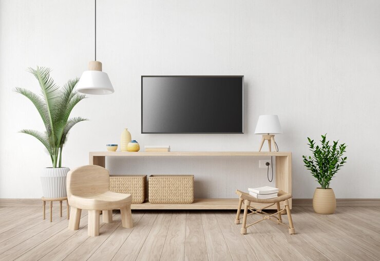 Interior de la sala de estar con soporte de TV, silla, lámpara, maceta y planta sobre fondo de pared blanca Estilo minimalista