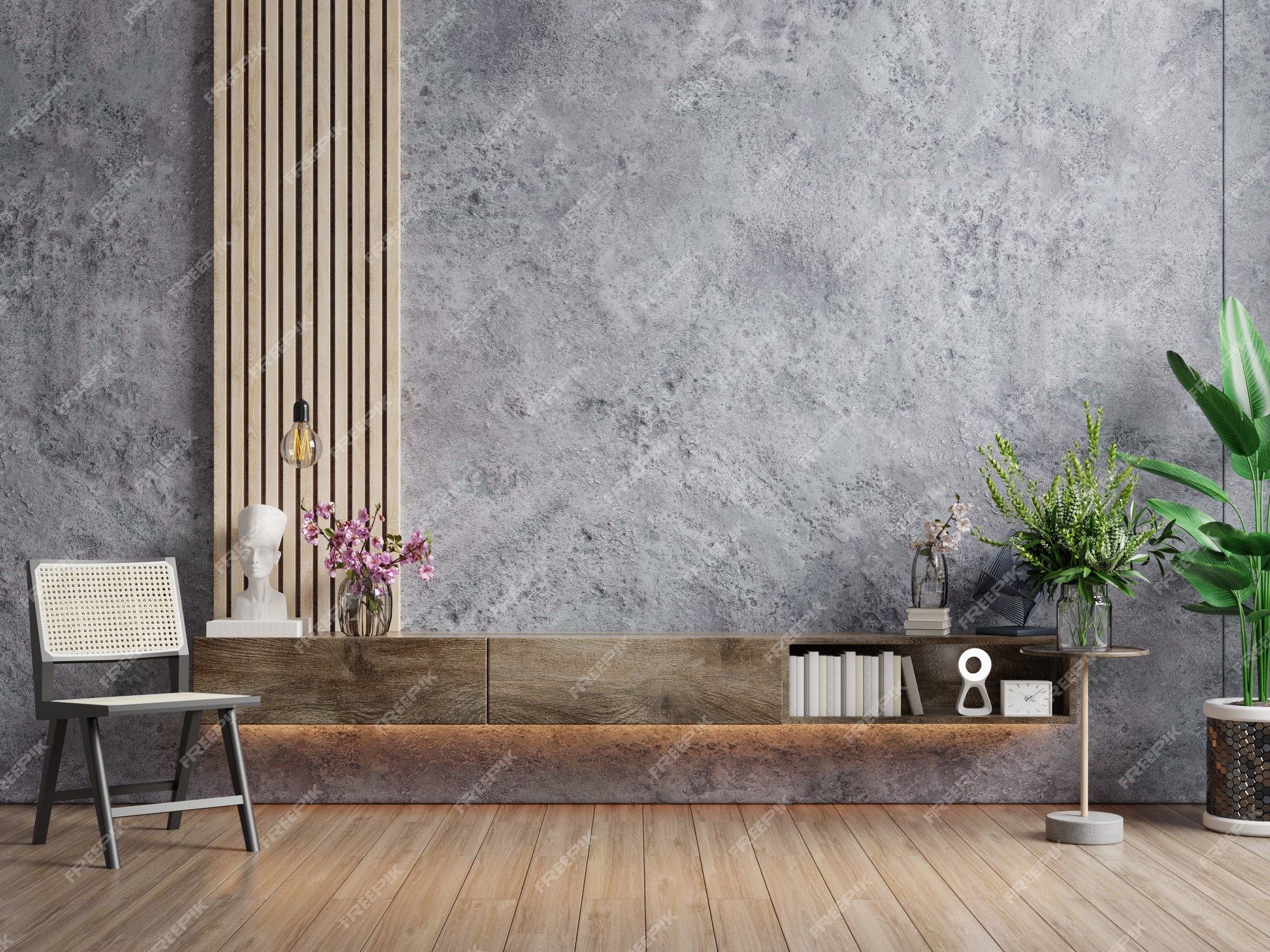 El interior de la sala de estar tiene un para tv y una silla en una sala de cemento con una pared de concreto. representación | Foto Premium