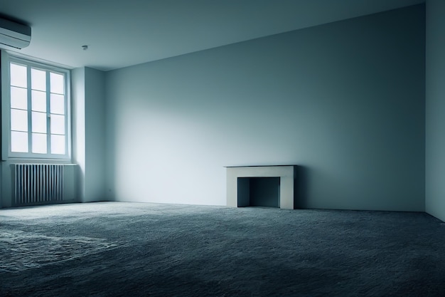 Interior de la sala de estar vacía Fotografía. Sala de estar en blanco con paisaje verde en la ventana