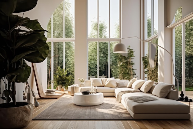 Interior de la sala de estar con ventanas de piso a techo, sofá y ventanas en una habitación modelo moderna