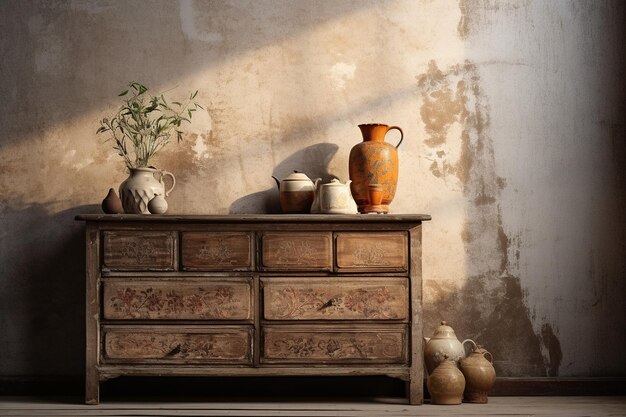 Interior de una sala de estar con un viejo armario de madera y un jarrón creado con Ai