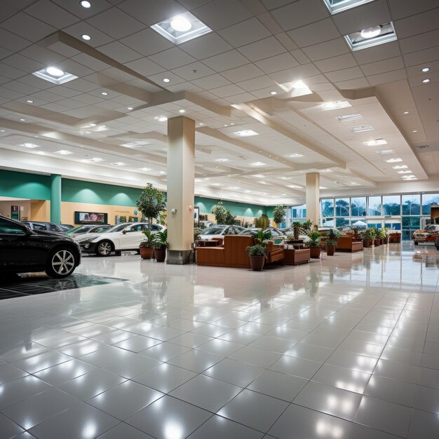 Foto interior de la sala de exhibición de un concesionario de automóviles con automóviles de lujo en exhibición