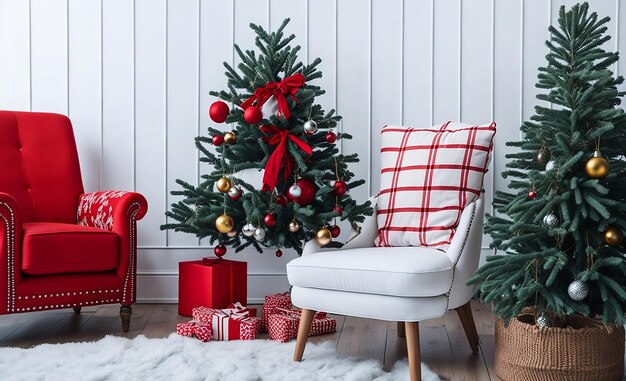 Interior de la sala festiva navideña con regalos y árbol de Navidad decorado