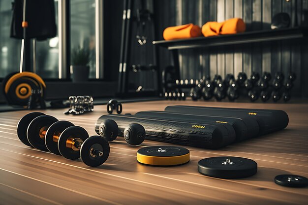 Foto interior de una sala de fitness con equipo deportivo renderizado en 3d