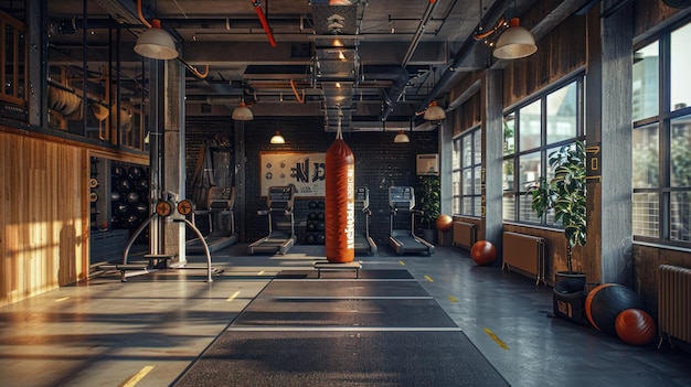 Interior de una sala de fitness moderna vacía con grandes ventanas