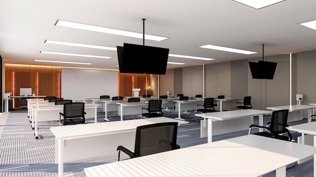 Interior de la sala de formación de oficina moderna con pantalla de monitor para presentación 3d