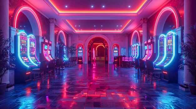 El interior de la sala de juegos de arcade retro del hotel y casino con máquinas tragamonedas y luces de neón