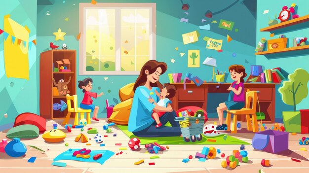 Foto interior de la sala de juegos para bebés hiperactivos de preescolar o jardín de infantes mamá y niños en la habitación desordenada del niño dibujos animados modernos modernos problemas desordenados en la ilustración de la guardería desordenada