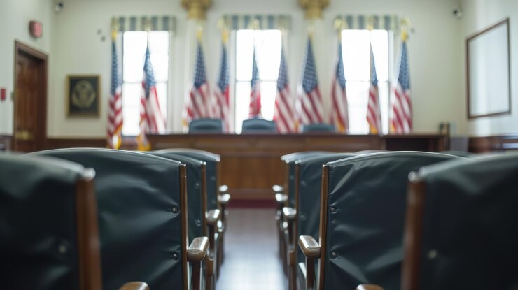 Interior de una sala de juicio con sillas vacías y banderas en el fondo