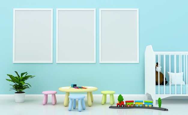 Interior de la sala de niños con linda decoración y marcos de fotos en blanco en la pared. Renderizado 3D