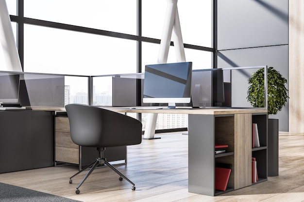 Interior de sala de oficina de coworking de madera y hormigón contemporáneo con marco de ventana panorámica de muebles con vista borrosa de la ciudad y equipo 3D Rendering