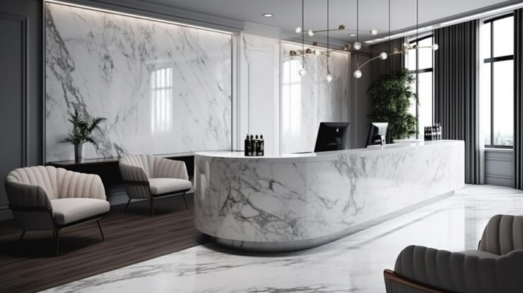 Interior de la sala de recepción del hotel de lujo con paredes grises, suelo, cómodo sofá negro y sillón generativo ai