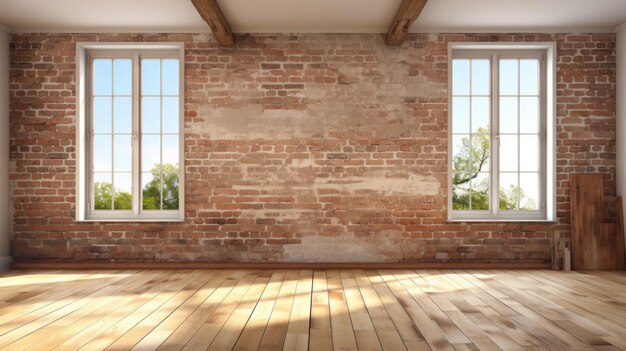 Interior de una sala de reparación sin terminar con pared de ladrillo y ventana