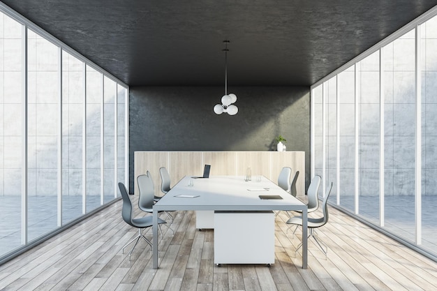 Interior de sala de reuniones de madera y hormigón brillante con ventanas de vidrio panorámicas mesa con dispositivos de renderización 3D