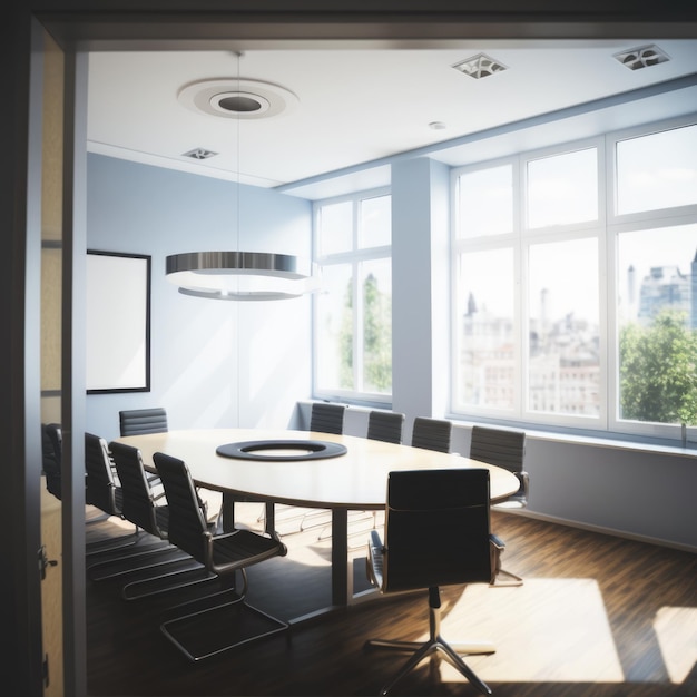 Interior de la sala de reuniones con mesa y sillas de ventanas creadas con tecnología de IA generativa