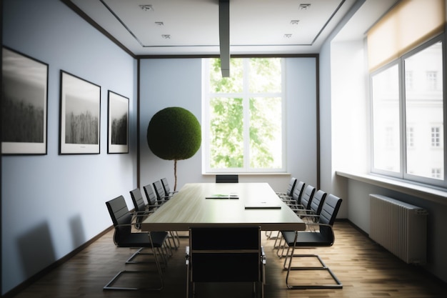 Interior de la sala de reuniones con mesa y sillas de ventanas creadas con tecnología de IA generativa