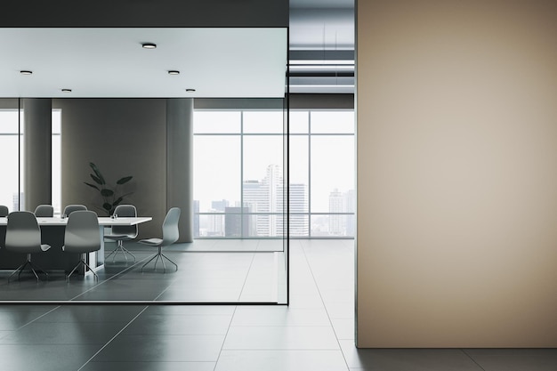 Interior de la sala de reuniones de vidrio moderno con lugar de maqueta en blanco en el equipo de muebles de pared y ventana con vista a la ciudad 3D Rendering