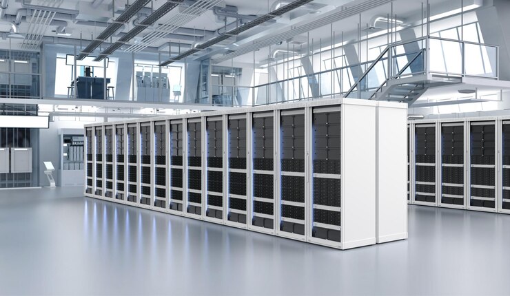 Foto el interior de la sala de servidores o el centro de datos está lleno de rack