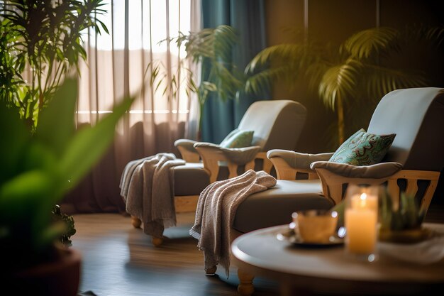 Foto interior de una sala de spa con un sofá una mesa de café y velas spa de salud y centro de meditación