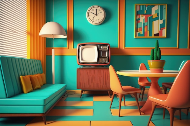 Interior de sala de televisión retro de los años 70 con colores de arte pop Ilustración digital de sala de televisión antigua IA generativa