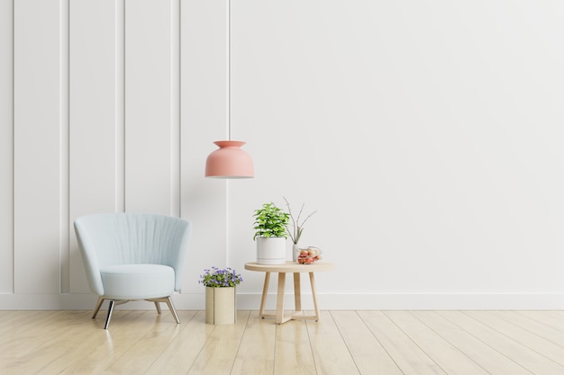 Interior de la sala vacía con sillón y mesa auxiliar en un interior de sala de estar minimalista.