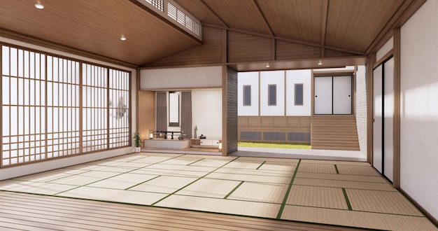 Interior, sala vazia e tatami piso sala estilo japonês. renderização em 3D