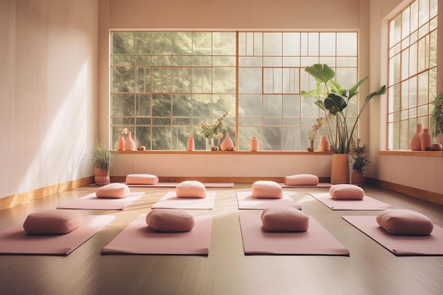 Interior de la sala de yoga con esteras rosadas y una gran ventana