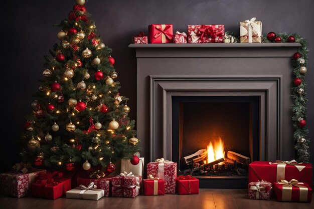 Interior de salón con abeto navideño y chimenea.