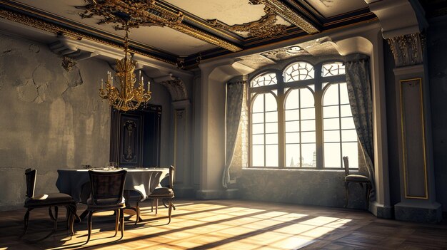 Interior del salón de baile del castillo fondo real Salón de baile medieval en el palacio para el baile Generativo Ai