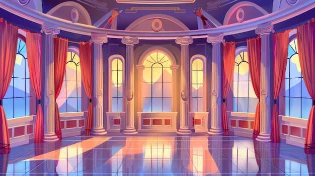 Un interior de salón de baile de castillo real medieval con columnas, ventanas altas, cortinas rojas y un piso brillante Ilustración de dibujos animados modernos de una sala de banquetes redonda vacía en un palacio barroco